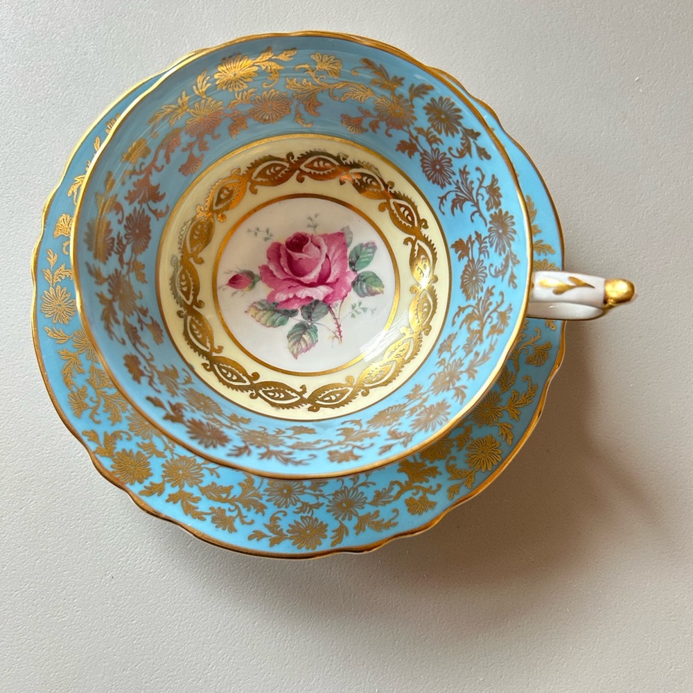 Floral Teacup and Saucer Set with Gold Accents